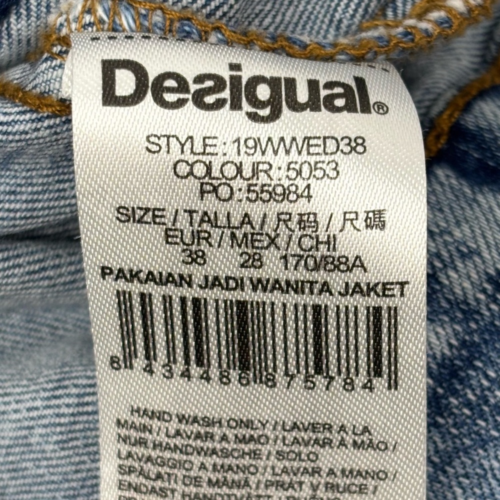 Desigual Floral Embroidered 4 Pocket Distressed Fade Washed Jean Jacket EU 38 - Picture 13 of 14